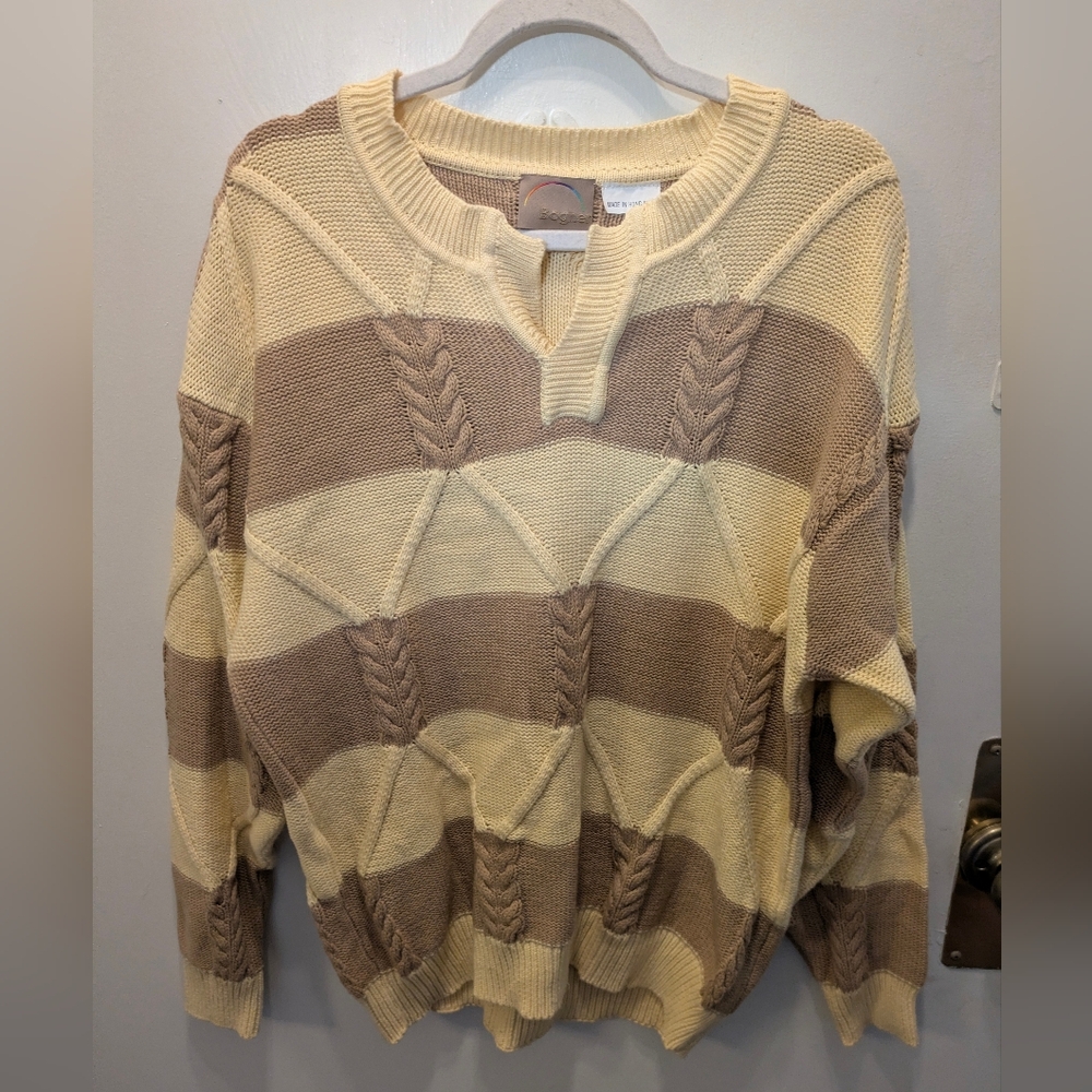 Bogner Beige and Taupe Cable Knit Sweater Large 100% Cotton